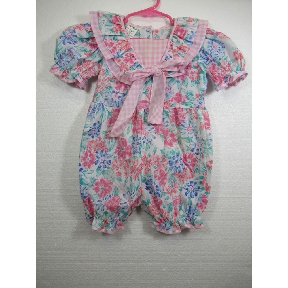 Vintage 90s Broadway Kids Floral Bubble Romper Girl 3T Short Sleeve Collar